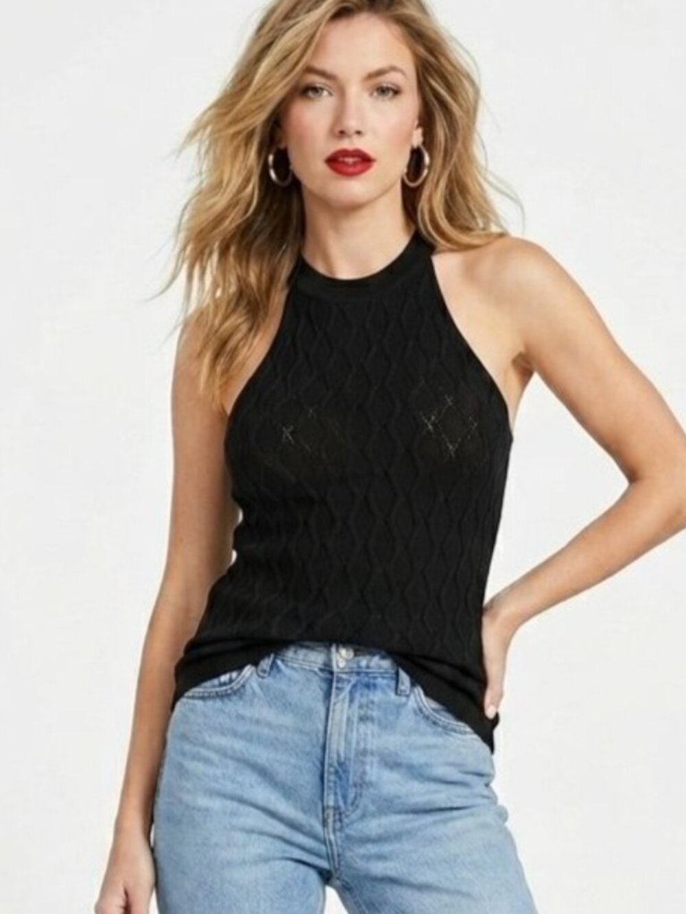 GUESS Wave Rib Halter Knit Tank Top Black L